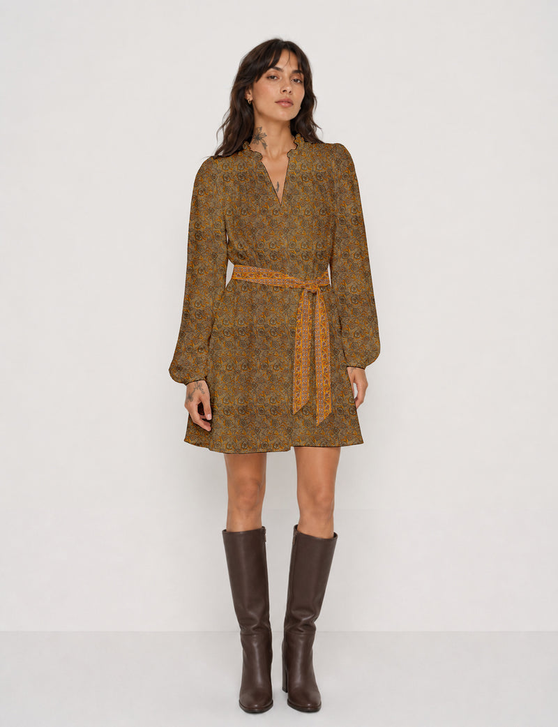 Swing dress with belt - Yellow Tropical