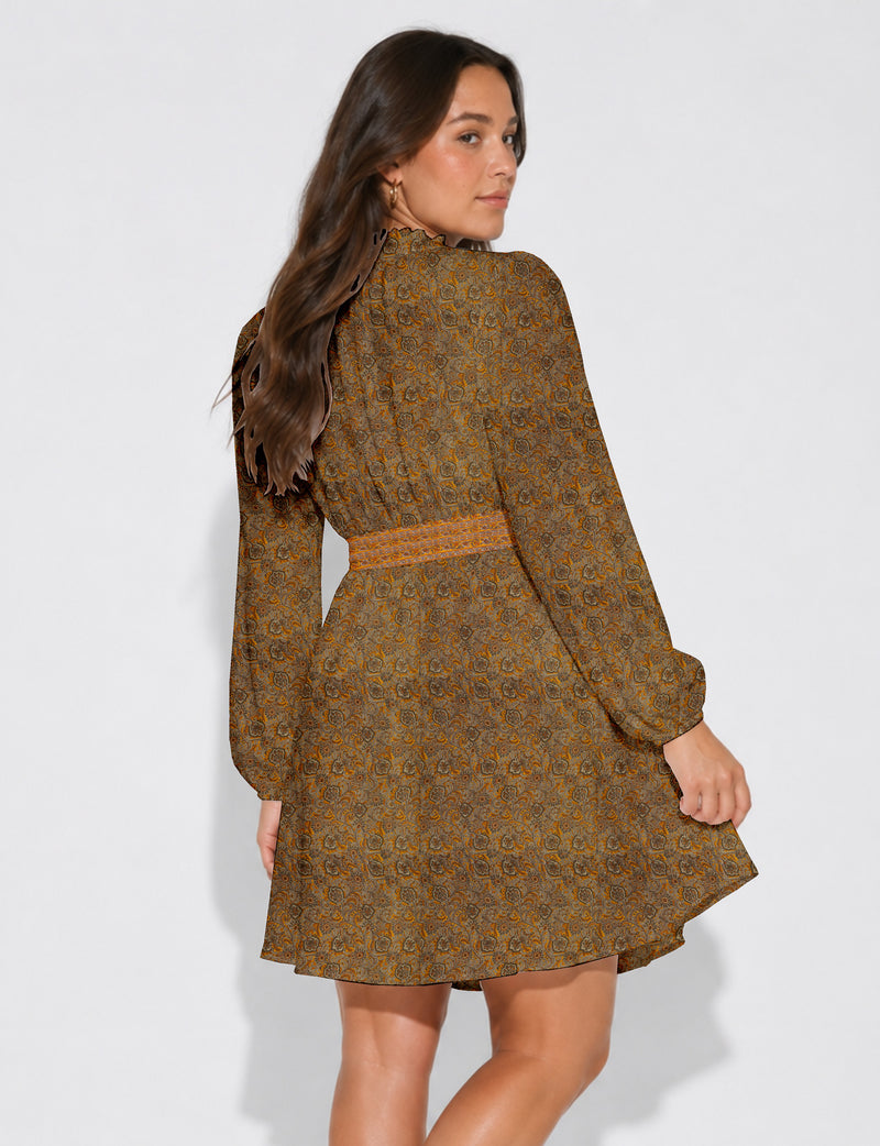 Swing dress with belt - Yellow Tropical