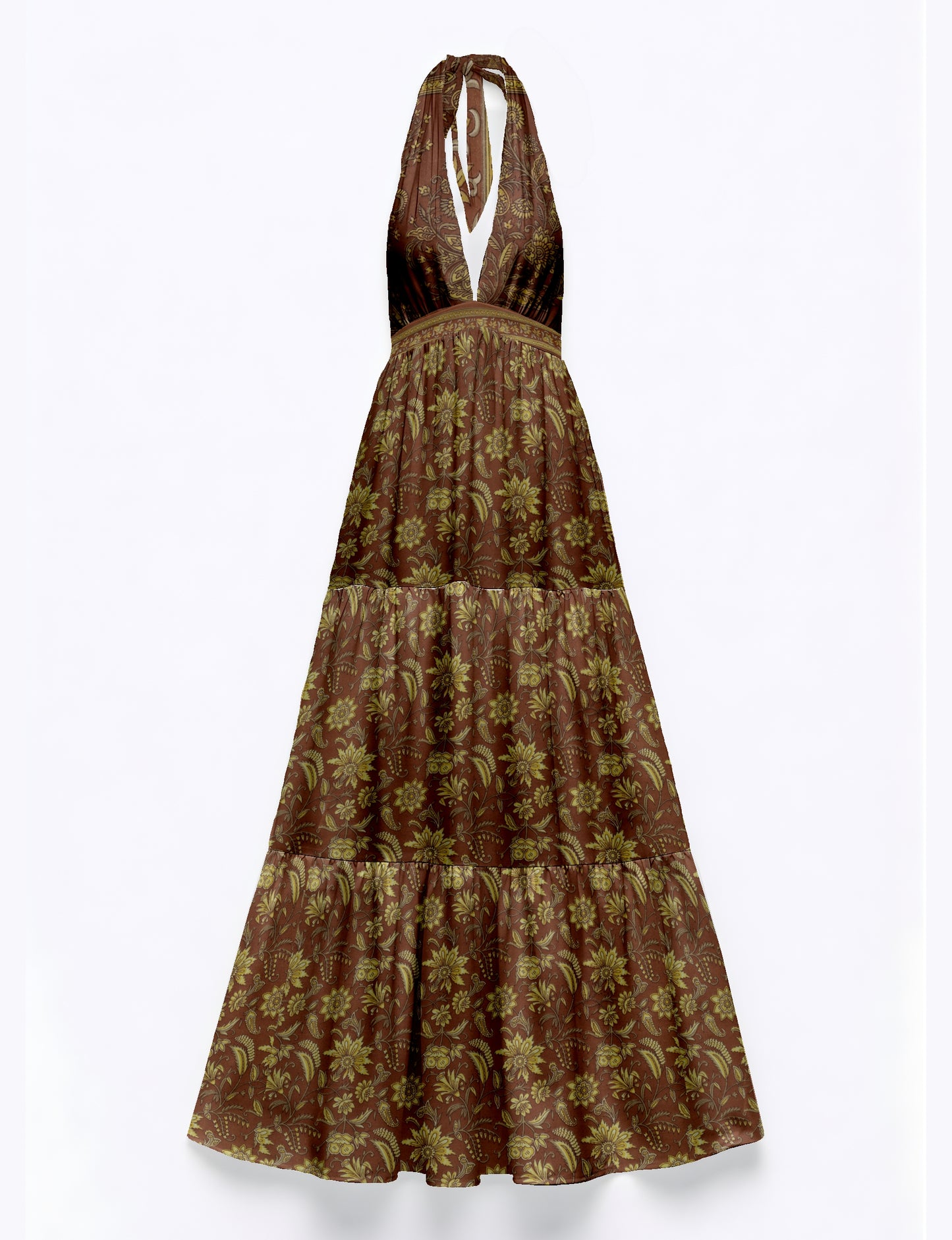 Maxi tiered dress by I was a Sari with halter neckline and flowy silhouette