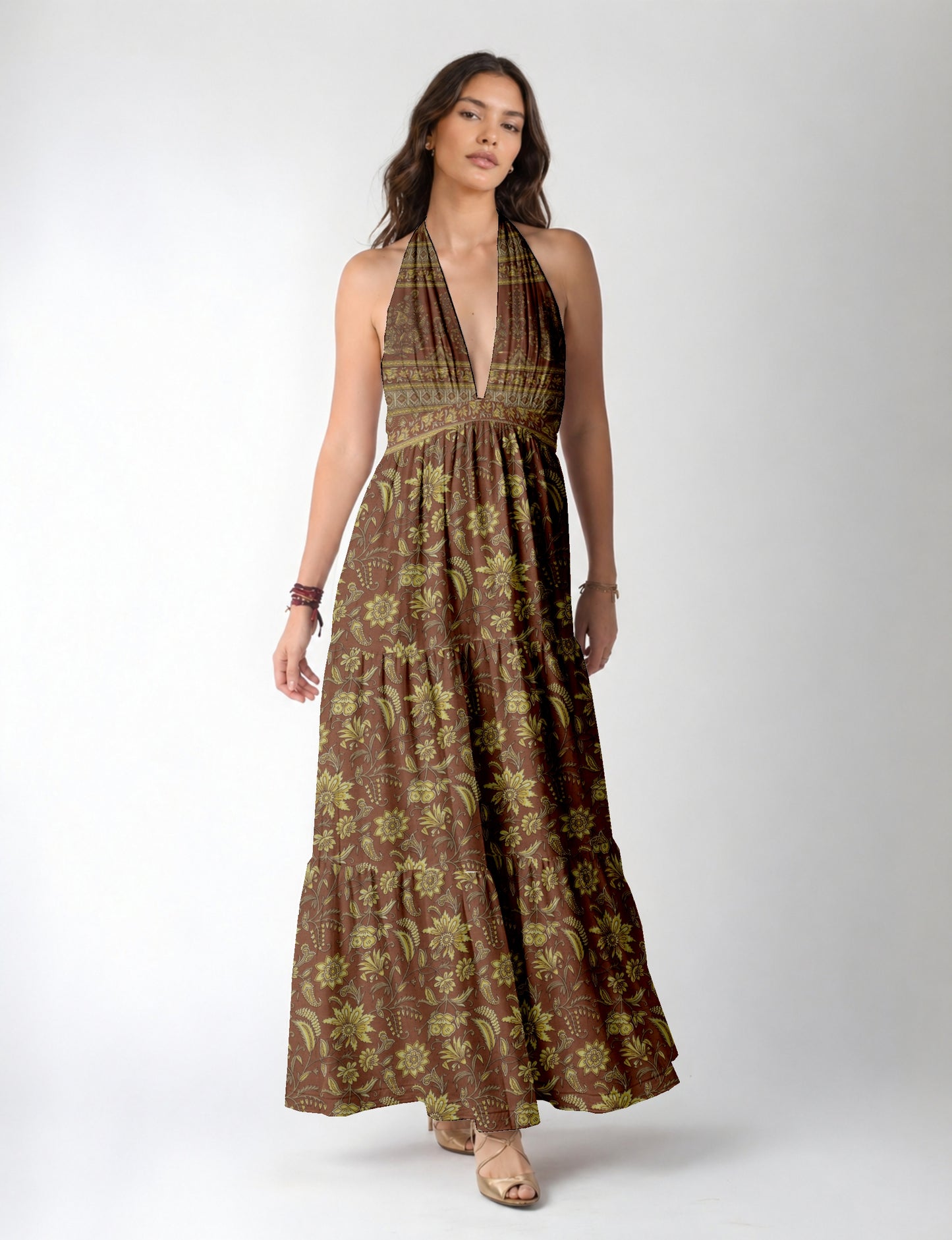Elegant tiered maxi dress with adjustable tie neck design