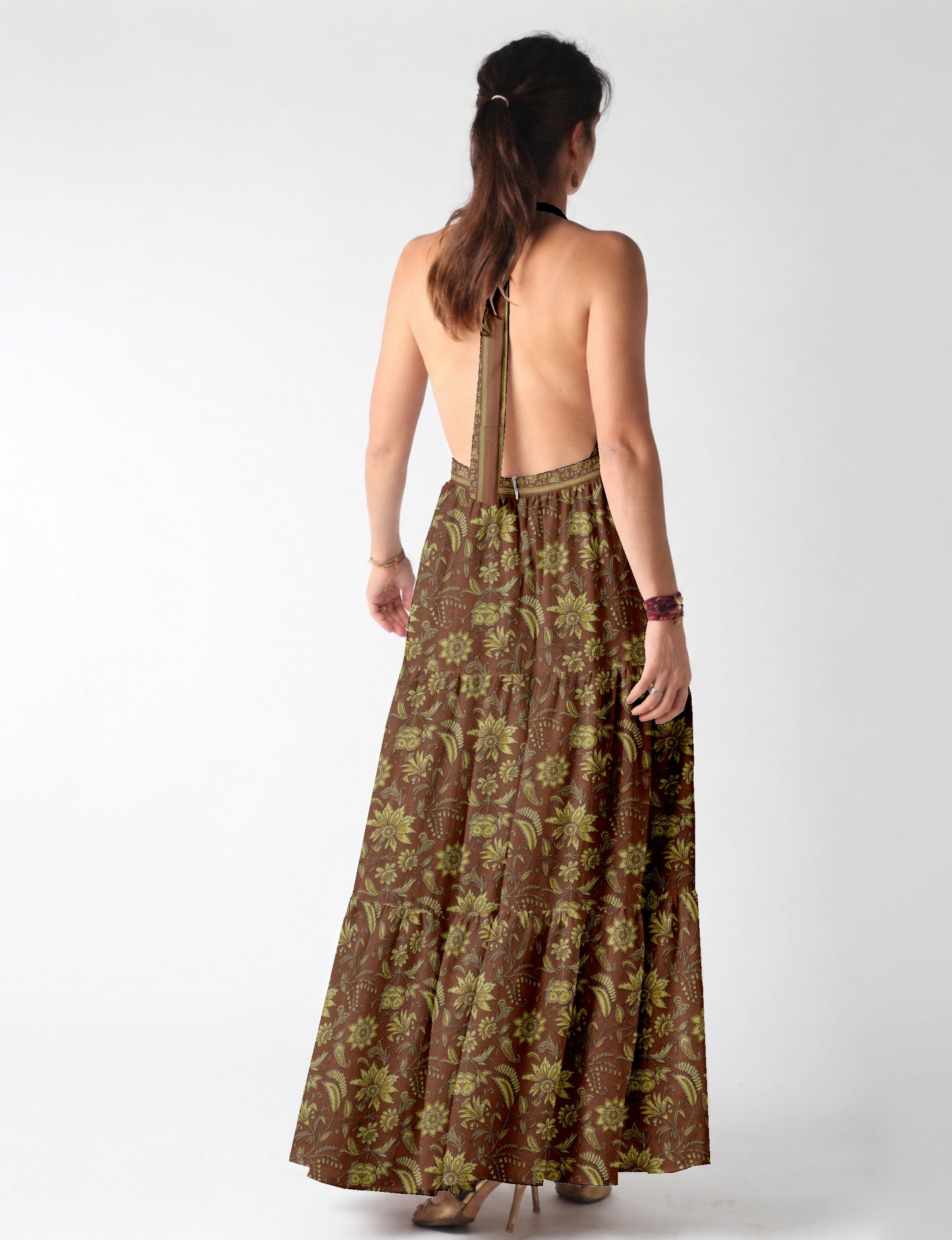 Halter neck maxi dress with tiered layers and elasticated back