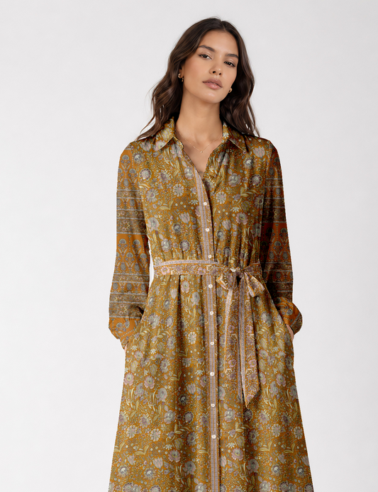 Long shirt dress side view highlighting flared silhouette