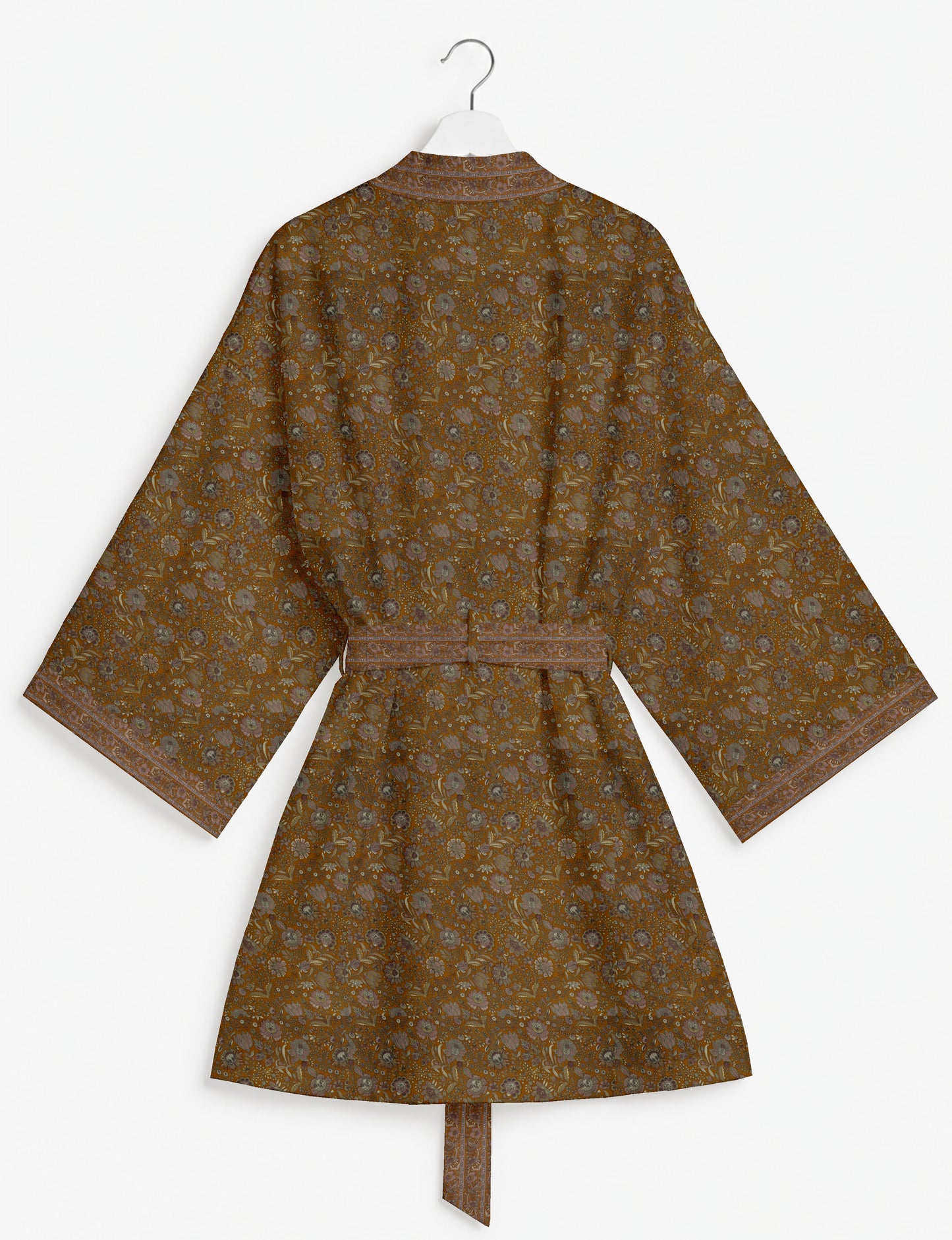 Short kimono robe with wrap front, V-neckline, wide sleeves, waist tie, and concealed skort detail.