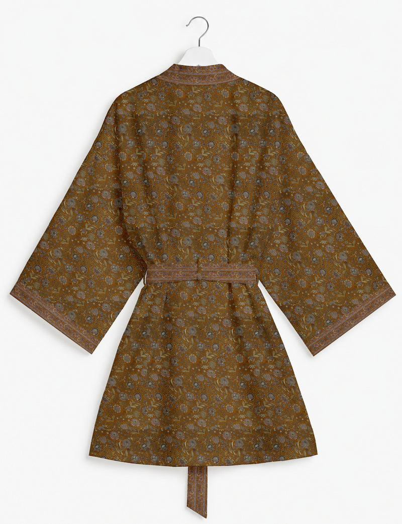 Short kimono robe in brown with floral pattern, wide sleeves, belt, and decorative border on cuffs and collar, back view on