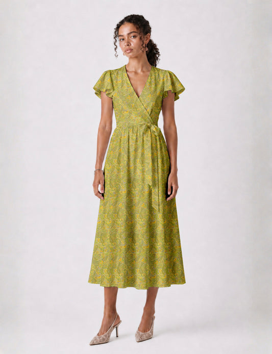 Elegant midi wrap dress with a V-neckline, adjustable waist tie, fitted bodice, and flared skirt for a timeless, flattering silhouette.