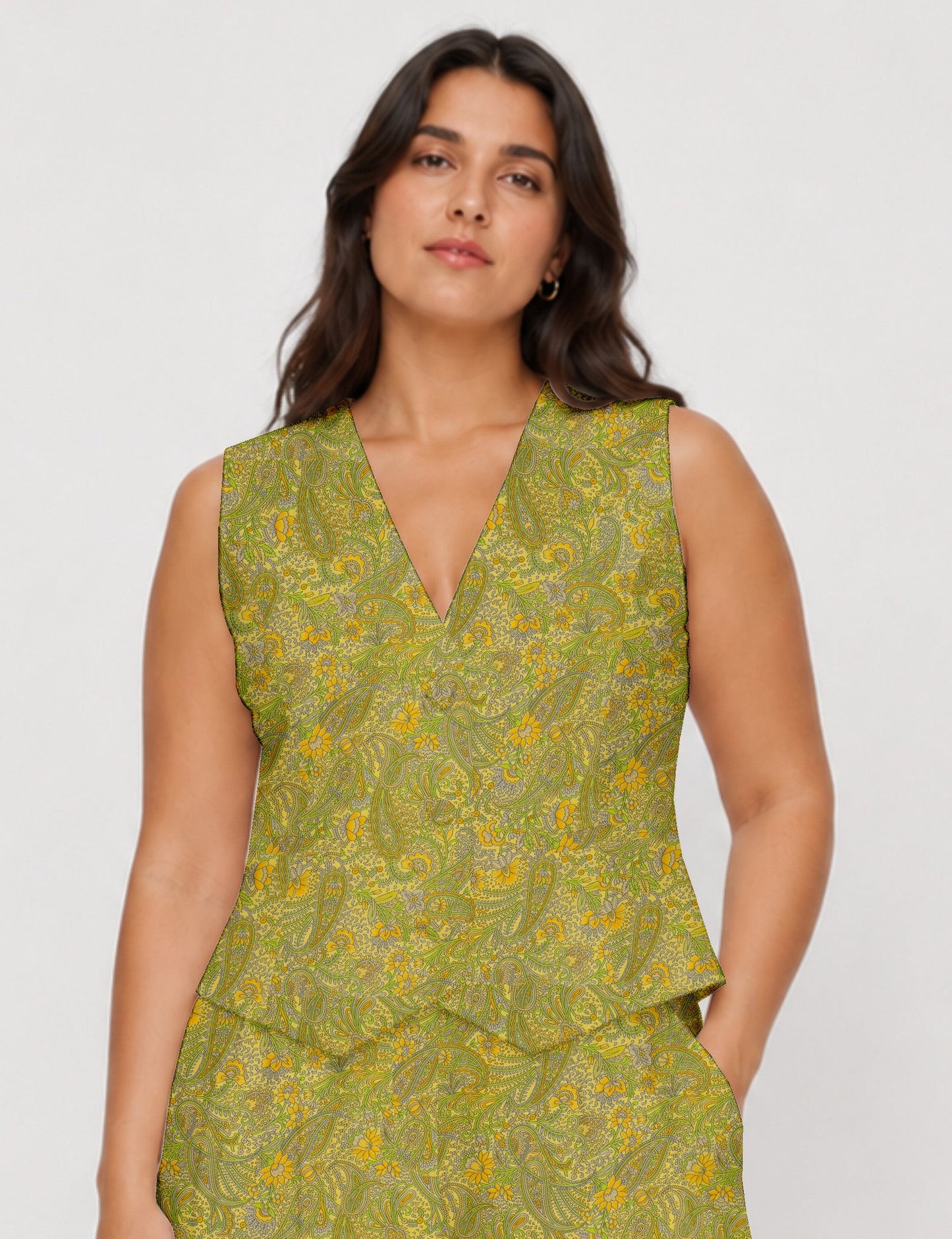Women's fitted waistcoat with V-neck, single-breasted button closure, tailored silhouette, and pointed hem in sustainable fashion.