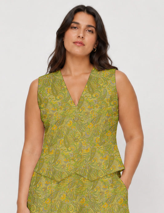 Women's fitted waistcoat with V-neck, single-breasted button closure, tailored silhouette, and pointed hem in sustainable fashion.