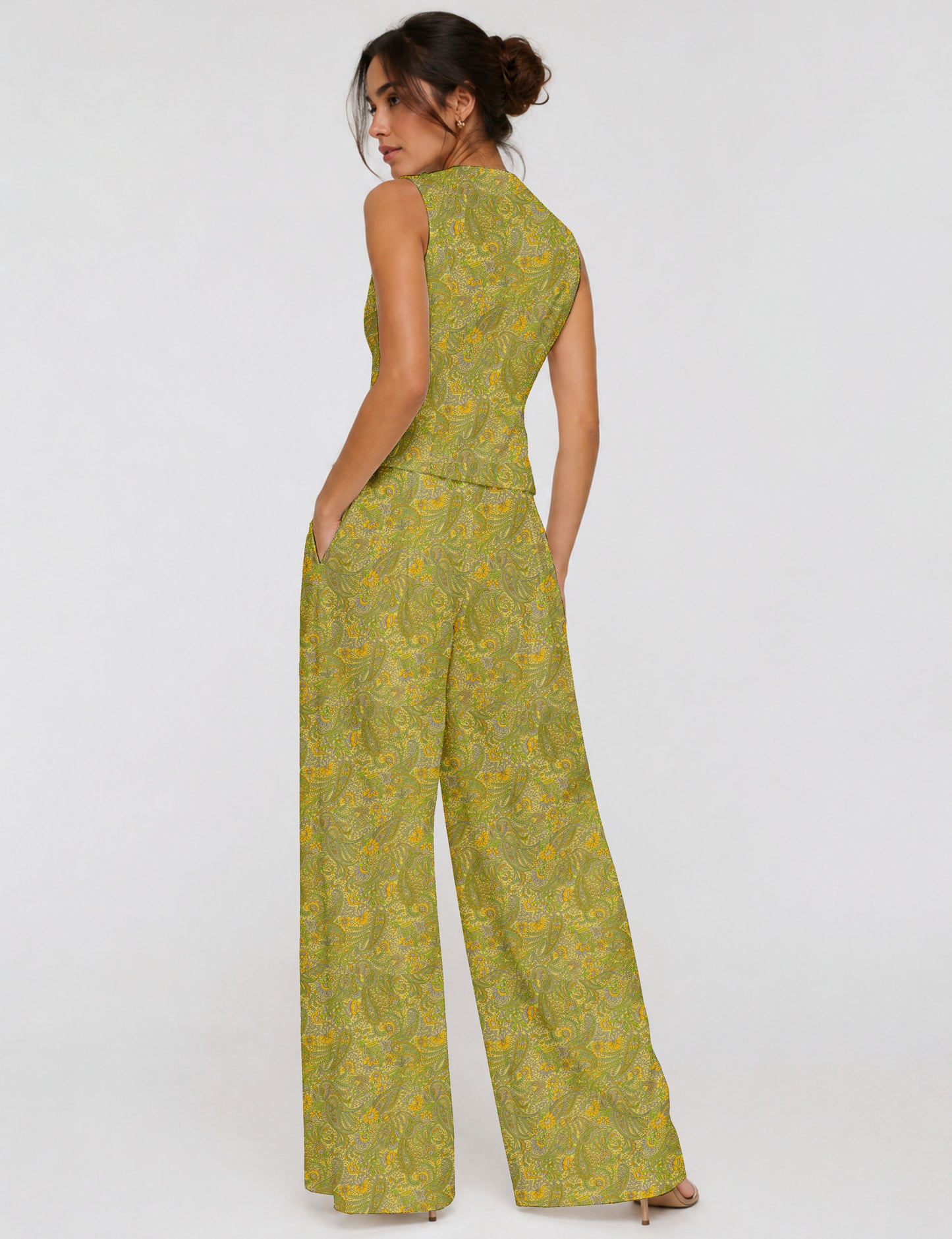 Women's tailored waistcoat set with a sleeveless V-neck button-front waistcoat and high-rise wide leg trousers in a coordinated matching outfit.