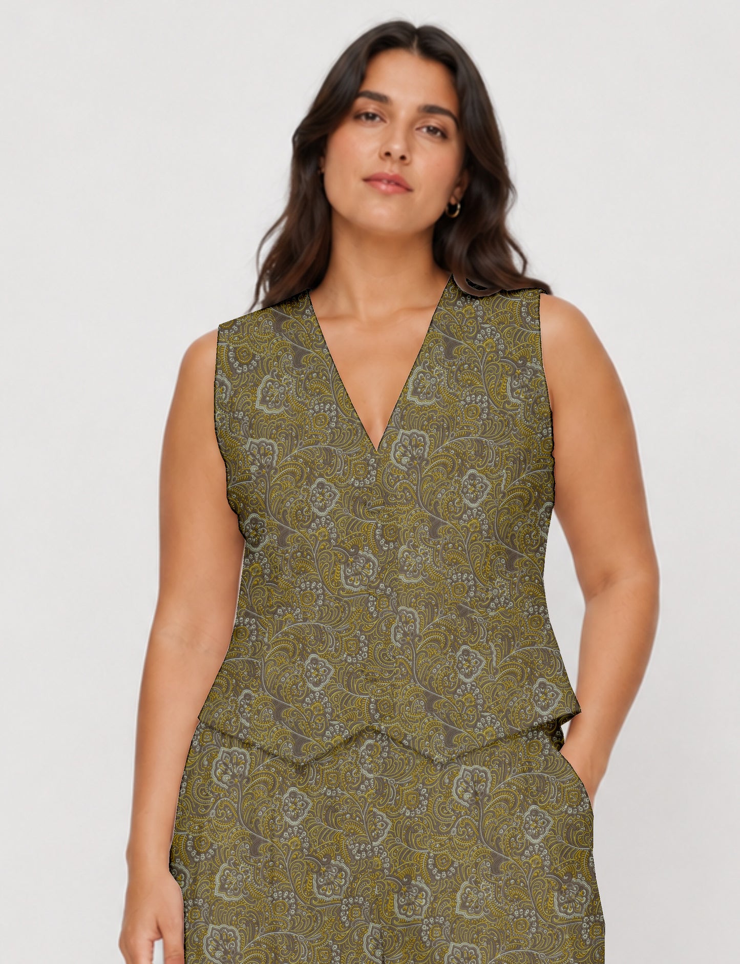 Women's fitted waistcoat with V-neck, single-breasted button closure, tailored silhouette, and pointed hem in sustainable fashion.