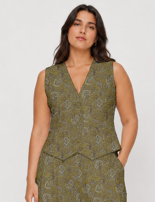 Women's fitted waistcoat with V-neck, single-breasted button closure, tailored silhouette, and pointed hem in sustainable fashion.