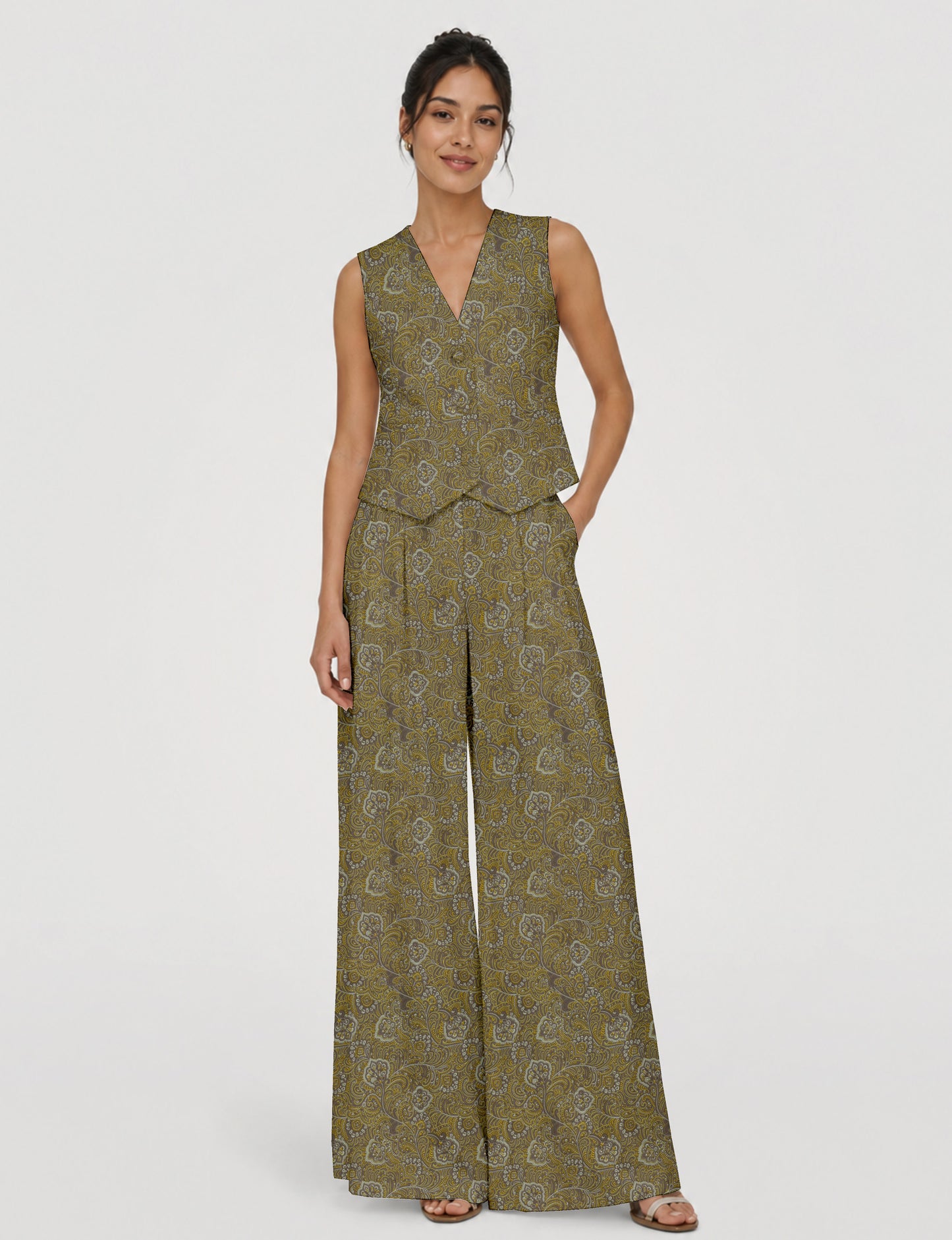 Women's tailored waistcoat set with a sleeveless V-neck button-front waistcoat and high-rise wide leg trousers in a coordinated matching outfit.