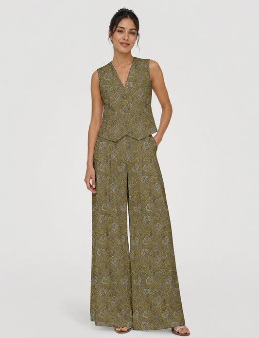 Women's tailored waistcoat set with a sleeveless V-neck button-front waistcoat and high-rise wide leg trousers in a coordinated matching outfit.
