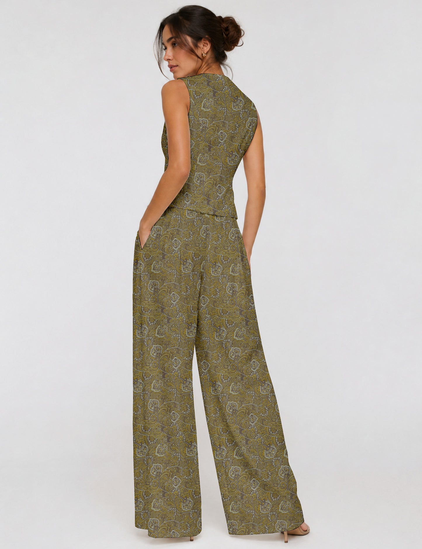 Women's tailored waistcoat set with a sleeveless V-neck button-front waistcoat and high-rise wide leg trousers in a coordinated matching outfit.