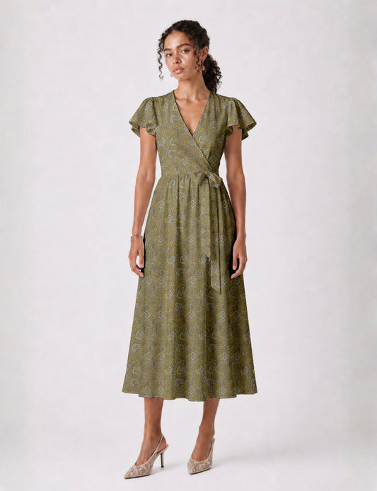 Elegant midi wrap dress with a V-neckline, adjustable waist tie, fitted bodice, and flared skirt for a timeless, flattering silhouette.