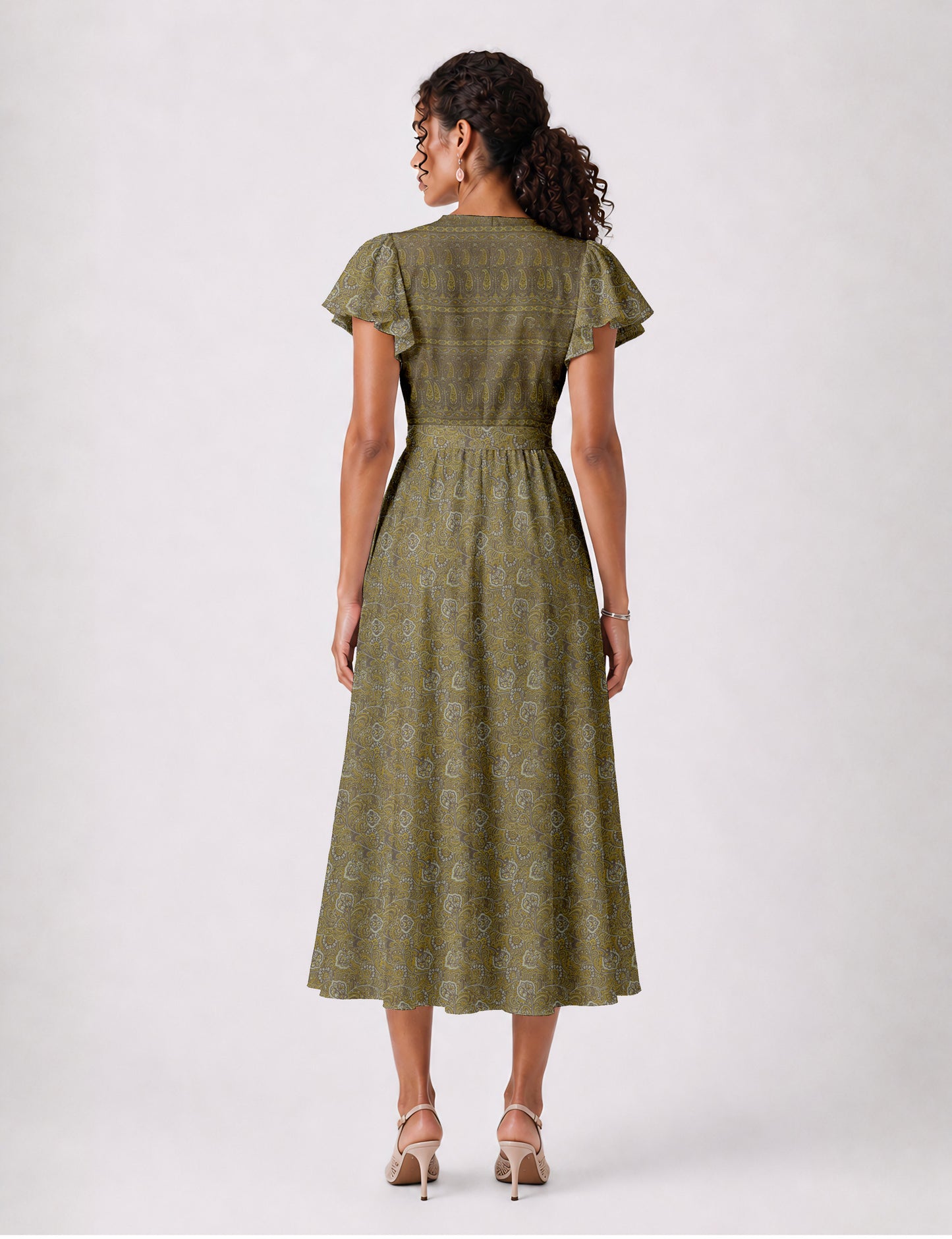 Elegant midi wrap dress with a V-neckline, adjustable waist tie, fitted bodice, and flared skirt for a timeless, flattering silhouette.