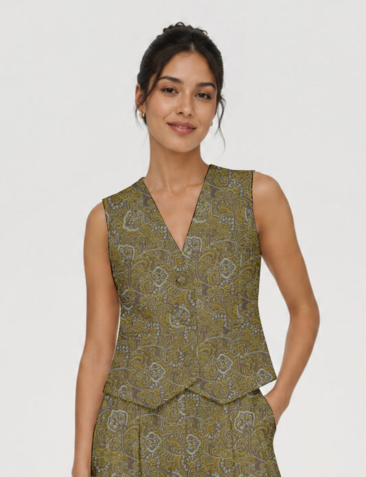 Women's fitted waistcoat with V-neck, single-breasted button closure, tailored silhouette, and pointed hem in sustainable fashion.