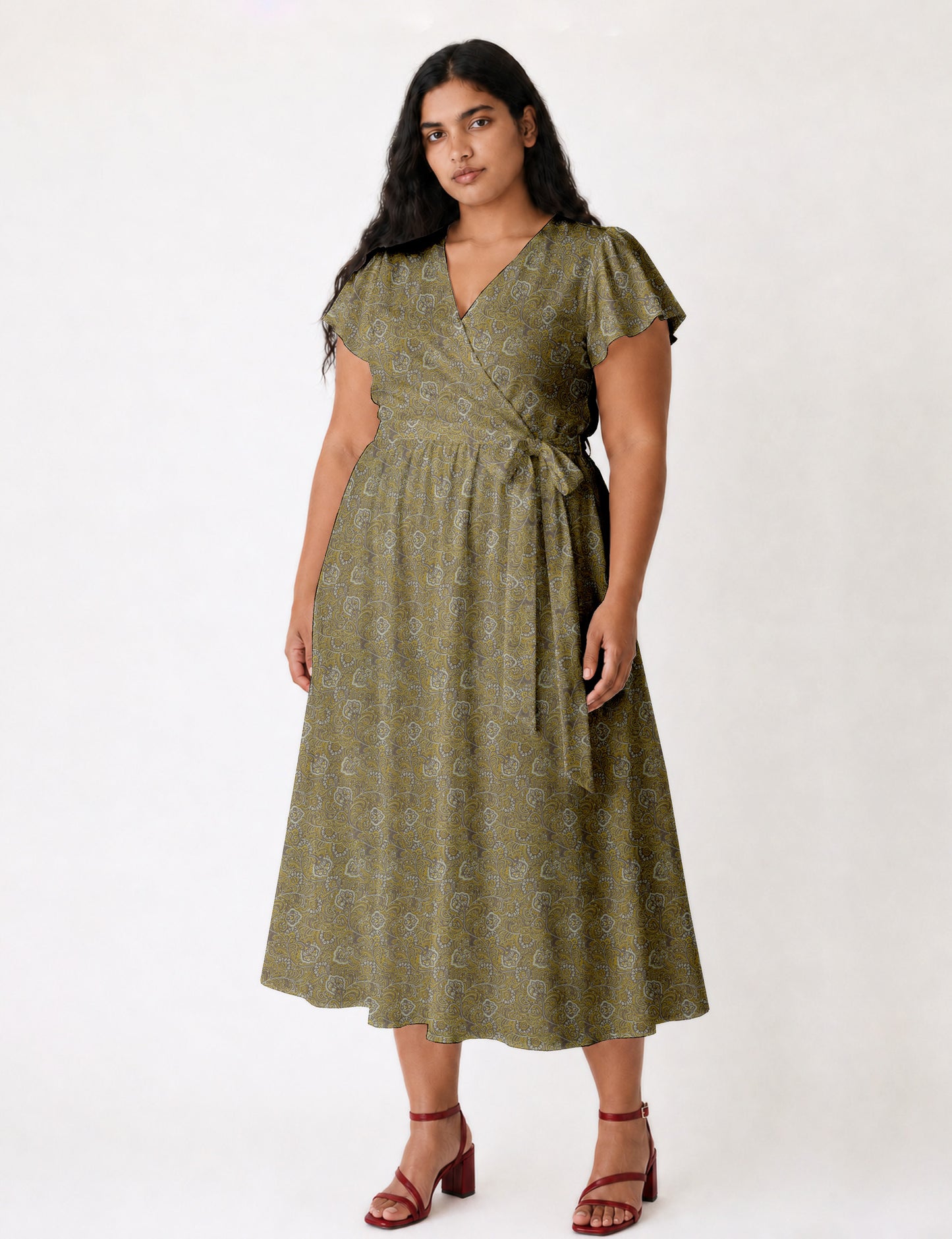 Elegant midi wrap dress with a V-neckline, adjustable waist tie, fitted bodice, and flared skirt for a timeless, flattering silhouette.