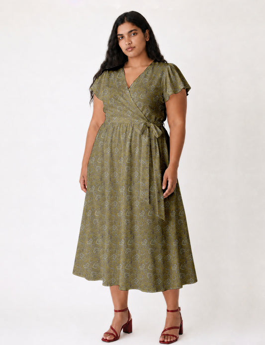 Elegant midi wrap dress with a V-neckline, adjustable waist tie, fitted bodice, and flared skirt for a timeless, flattering silhouette.