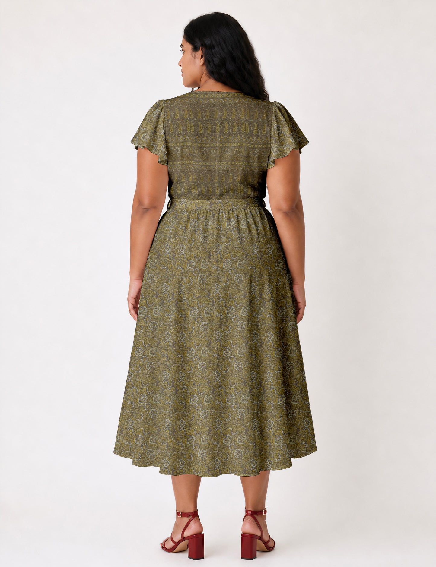 Elegant midi wrap dress with a V-neckline, adjustable waist tie, fitted bodice, and flared skirt for a timeless, flattering silhouette.
