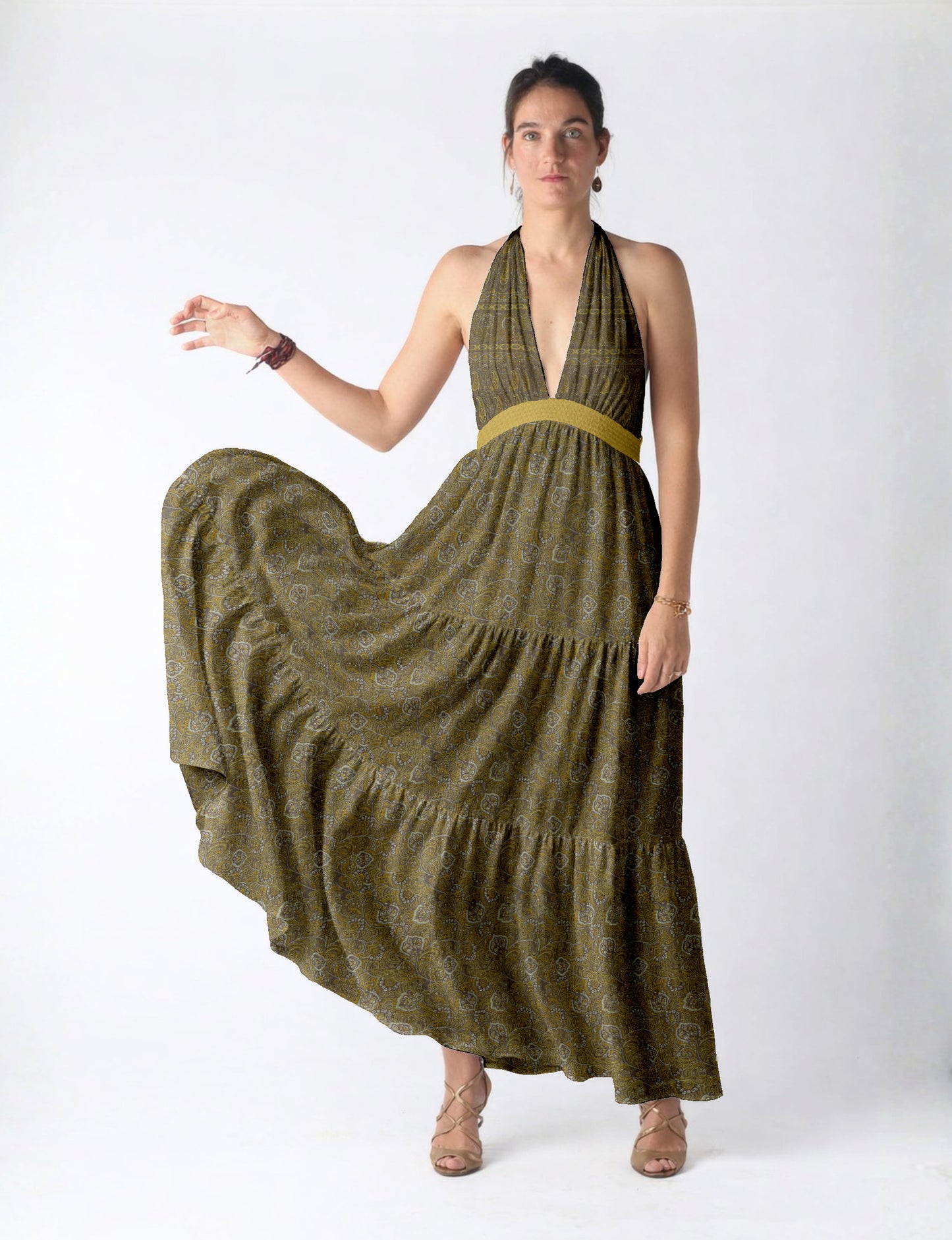 Maxi tiered dress by I was a Sari with halter neckline and flowy silhouette