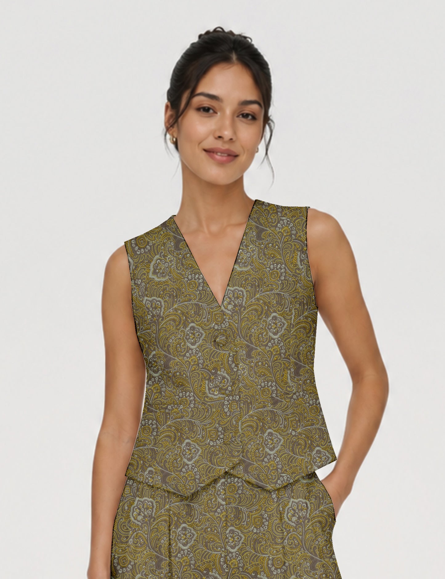 Women's fitted waistcoat with V-neck, single-breasted button closure, tailored silhouette, and pointed hem in sustainable fashion.