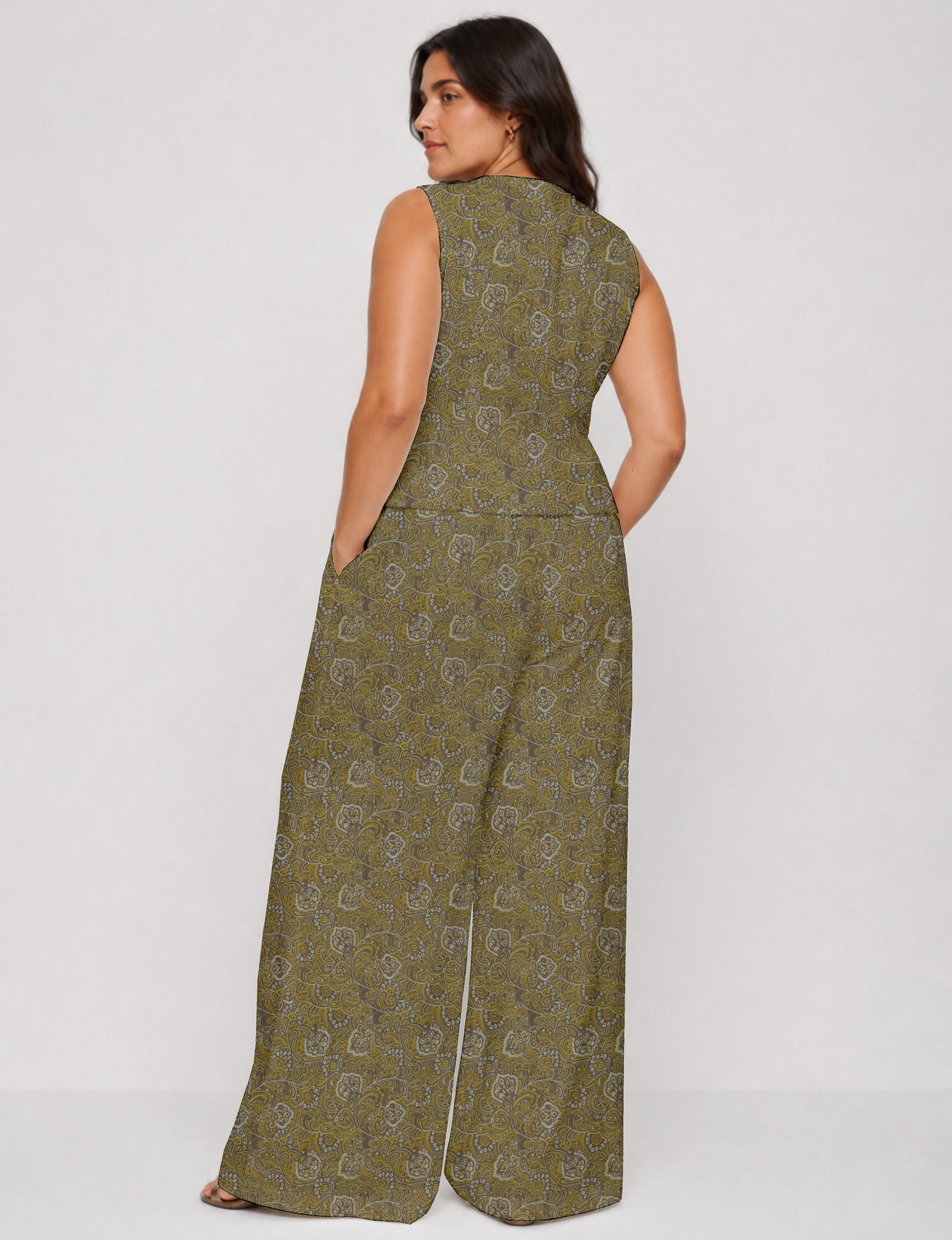 Women's tailored waistcoat set with a sleeveless V-neck button-front waistcoat and high-rise wide leg trousers in a coordinated matching outfit.