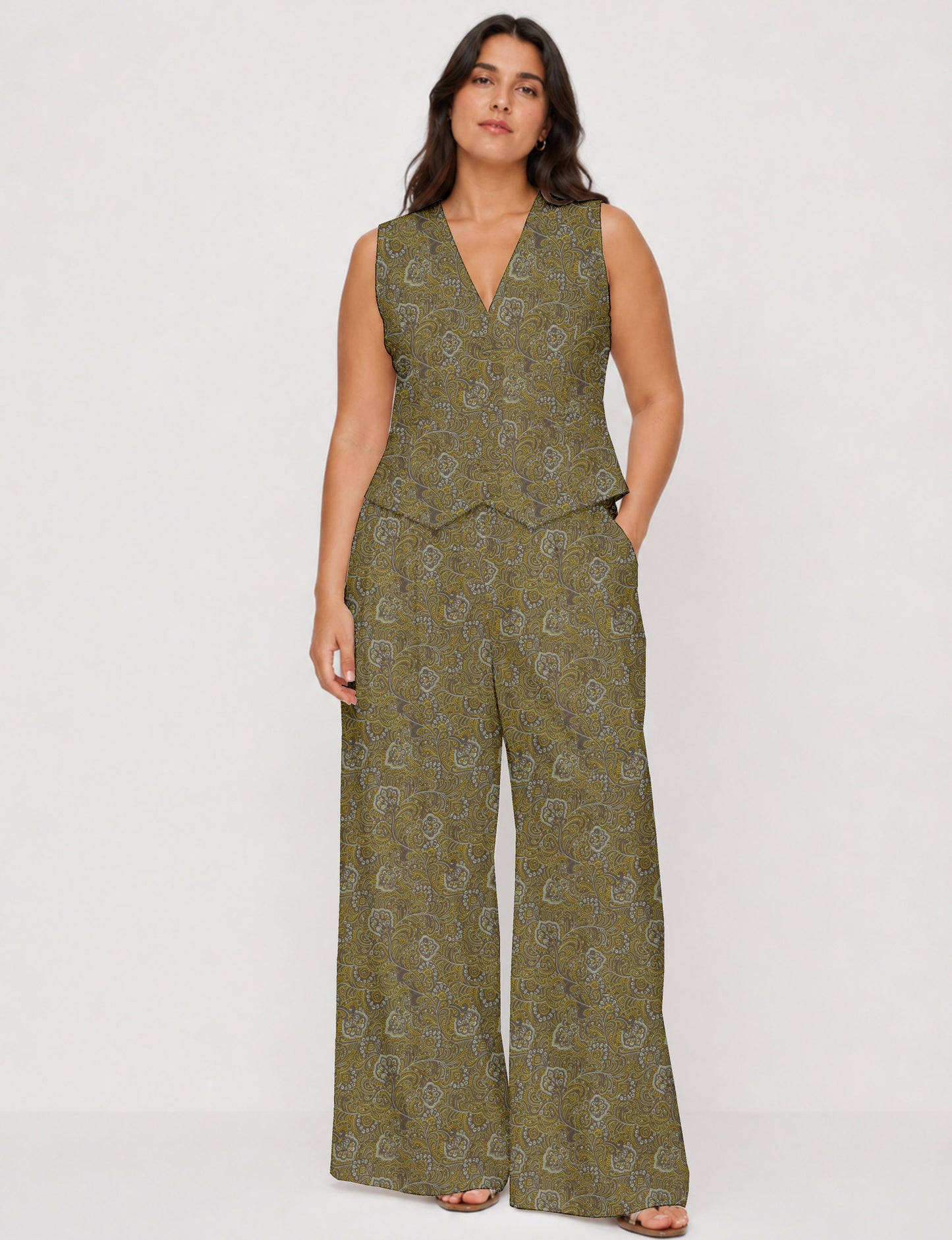 Women's tailored waistcoat set with a sleeveless V-neck button-front waistcoat and high-rise wide leg trousers in a coordinated matching outfit.