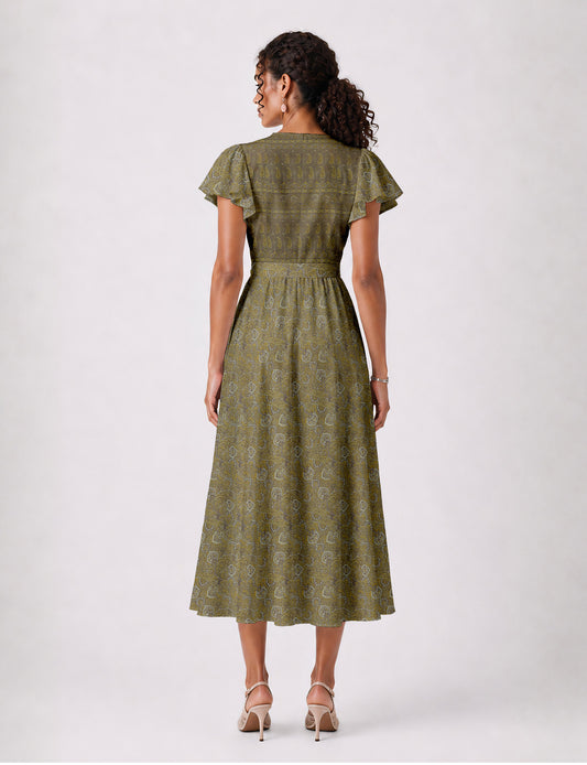 Elegant midi wrap dress with a V-neckline, adjustable waist tie, fitted bodice, and flared skirt for a timeless, flattering silhouette.