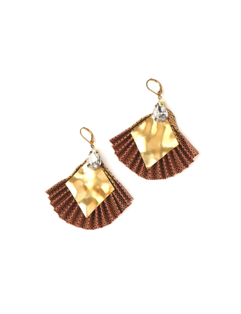 Brown pleated fabric earrings with hammered gold square and clear teardrop gem, shown flat on white background