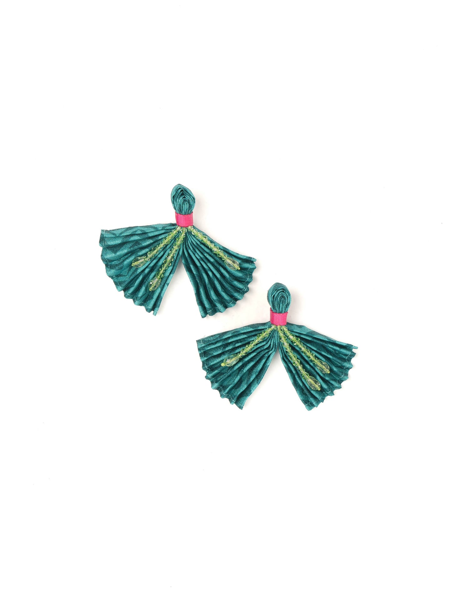 Elevate your look with our PLEATED EARRINGS – embellished with a beaded dangler, diamond-shaped metallic plate, and hook fastening. Crafted with innovative heat setting techniques on pre-loved saris, these earrings showcase ethical clothing, green fashion, and zero waste fashion. Hypoallergy tested metal hooks, nickel, and lead-free for a conscious and stylish accessory.