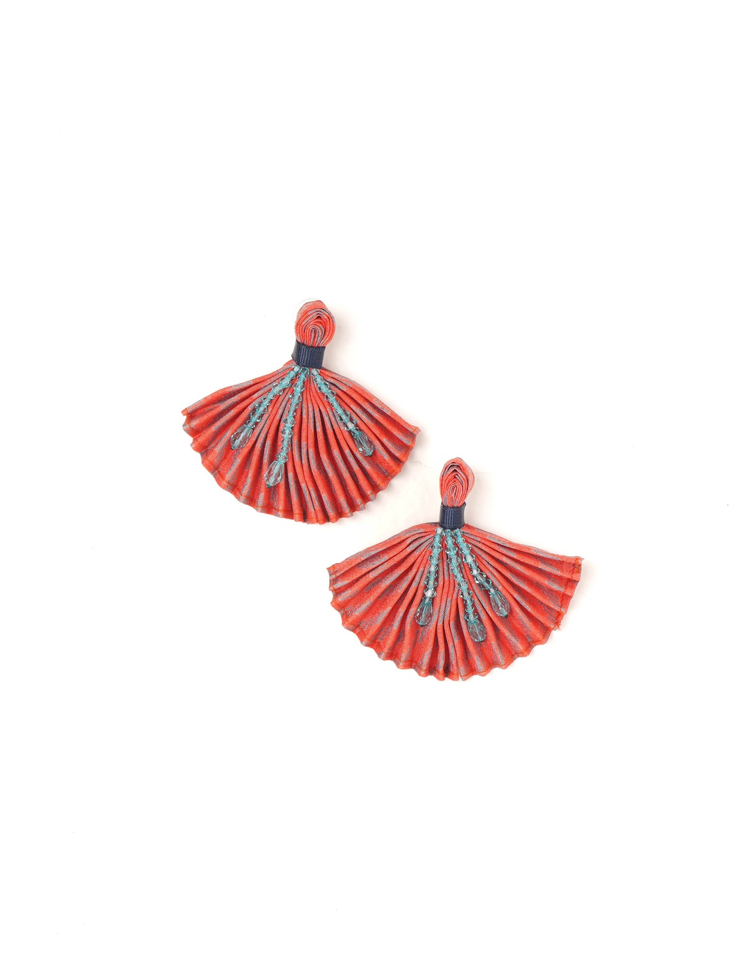 Elevate your look with our PLEATED EARRINGS – embellished with a beaded dangler, diamond-shaped metallic plate, and hook fastening. Crafted with innovative heat setting techniques on pre-loved saris, these earrings showcase ethical clothing, green fashion, and zero waste fashion. Hypoallergy tested metal hooks, nickel, and lead-free for a conscious and stylish accessory.