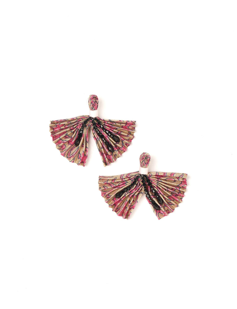 Red and beige pleated fabric earrings with black bead embellishments, shown flat on white background