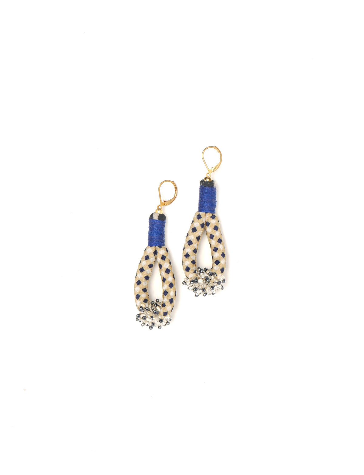 Beaded drop earrings with beige and navy check fabric loops, blue thread wrap, clear and black beads, and gold lever-back hooks