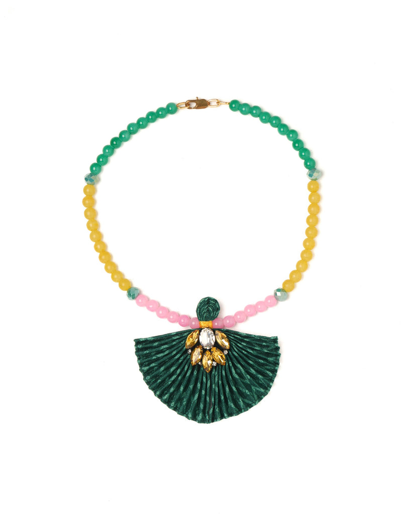 Green, yellow, and pink beaded necklace with pleated green fabric pendant and gold and clear gem embellishments, front view